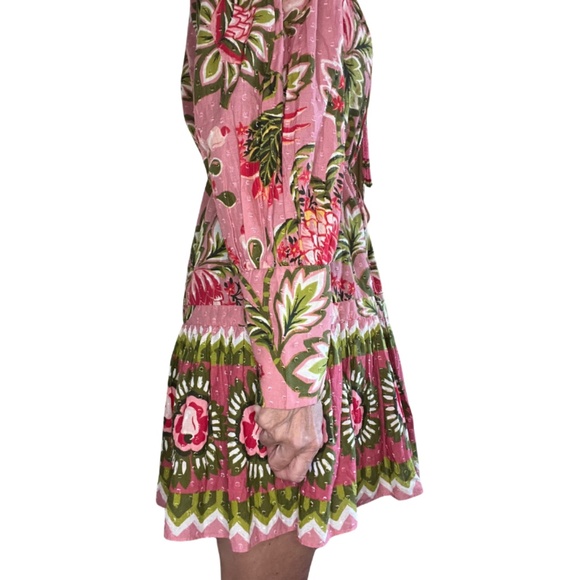 Farm Rio Aura Peasant Dress Women's Pink Floral Cotton Beaded Tassels Boho (S) - Picture 14 of 16